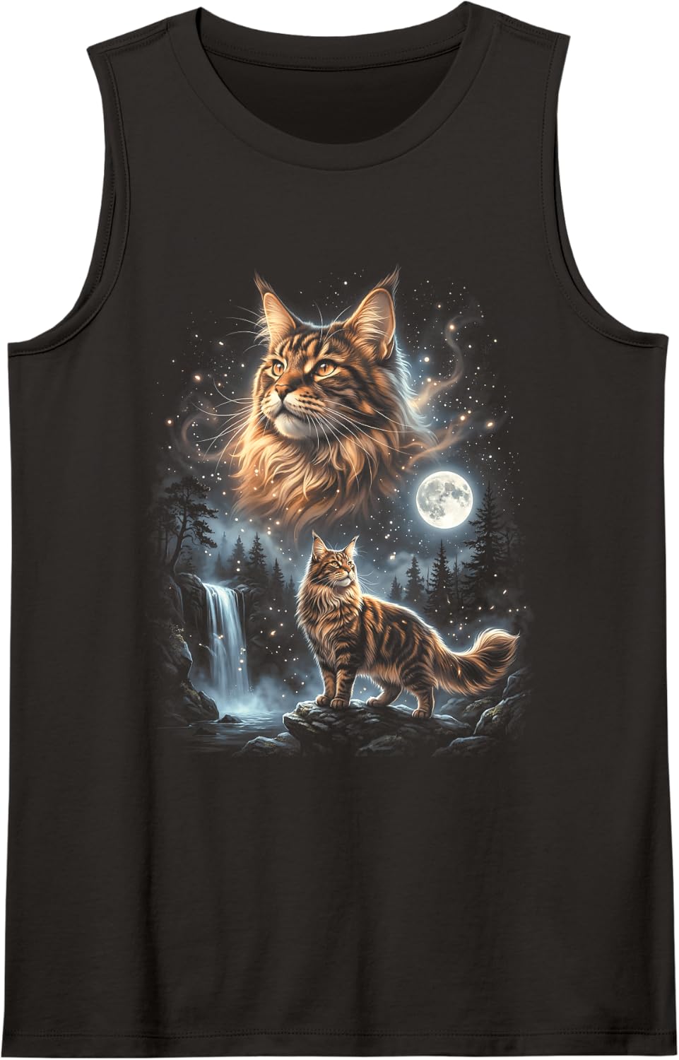 Maine Coon Cat Howling At The Moon Sleeveless Tank Top - Black
