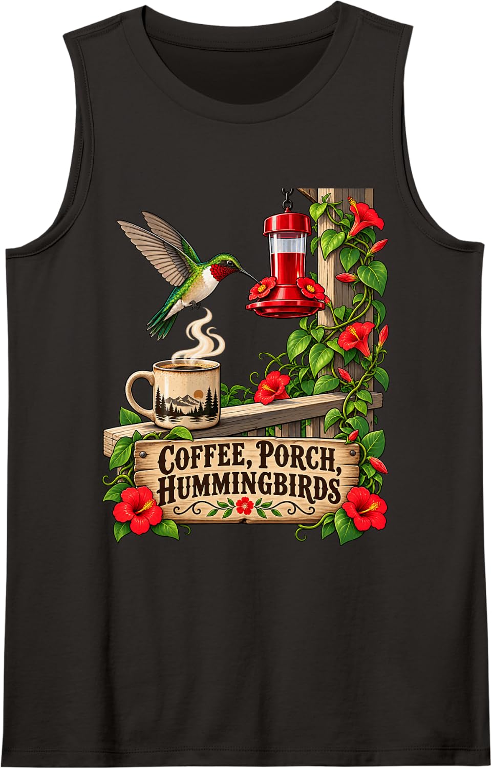 Coffee Porch Hummingbirds Nature Lover Design Sleeveless Tank Top - Black
