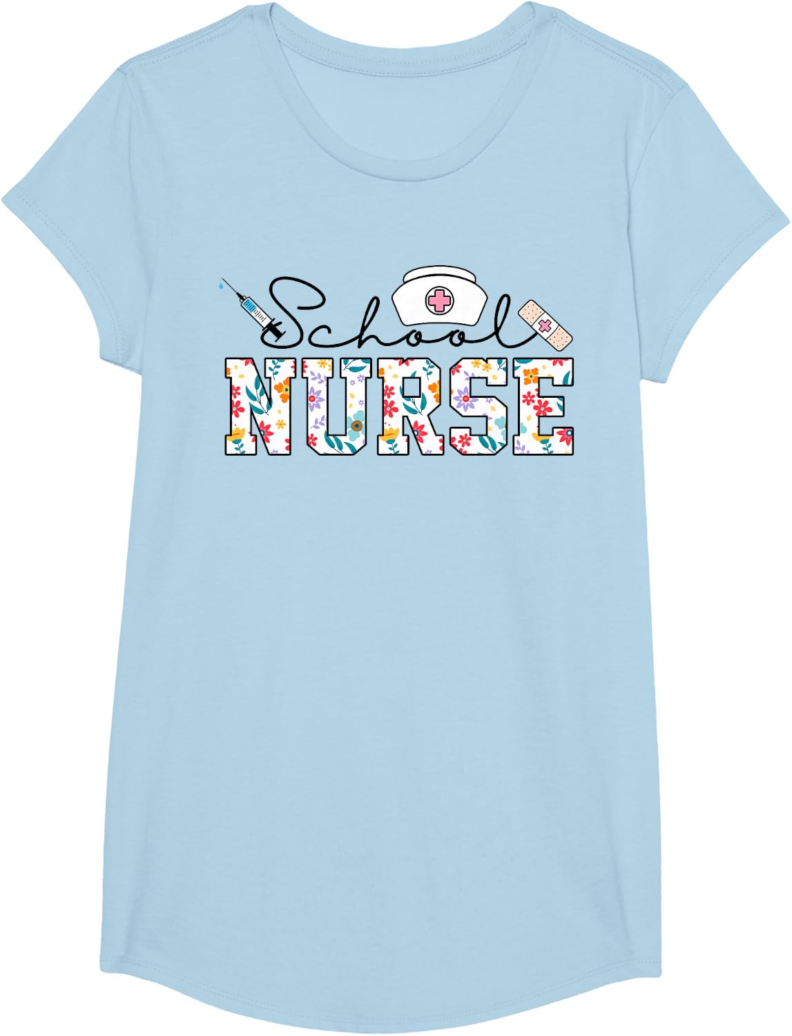 Womens Floral School Nurse Appreciation Back to School T-Shirt - Girls Baby Blue