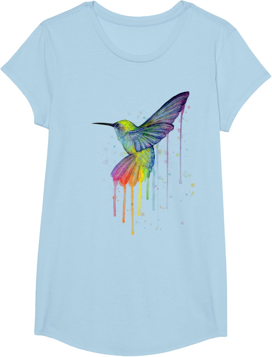 Rainbow Hummingbird Watercolor T-Shirt - Girls Baby Blue