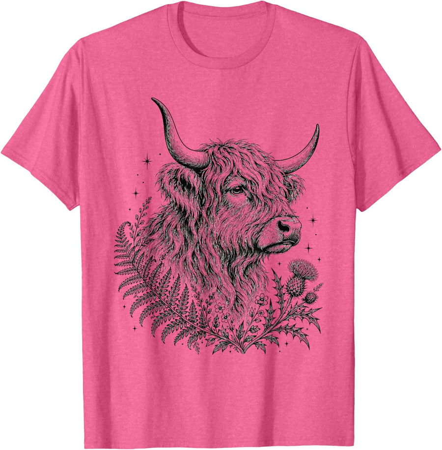 Scottish Highland Cow Cattle Nature Lover T-Shirt - Pink Heather