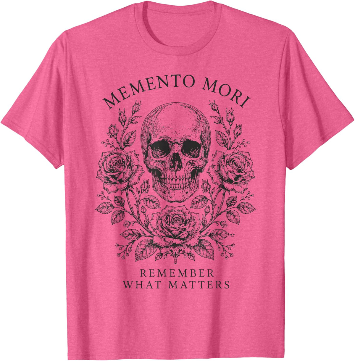 Mori Floral Memento Skull Stoic Philosophy T-Shirt - Pink Heather
