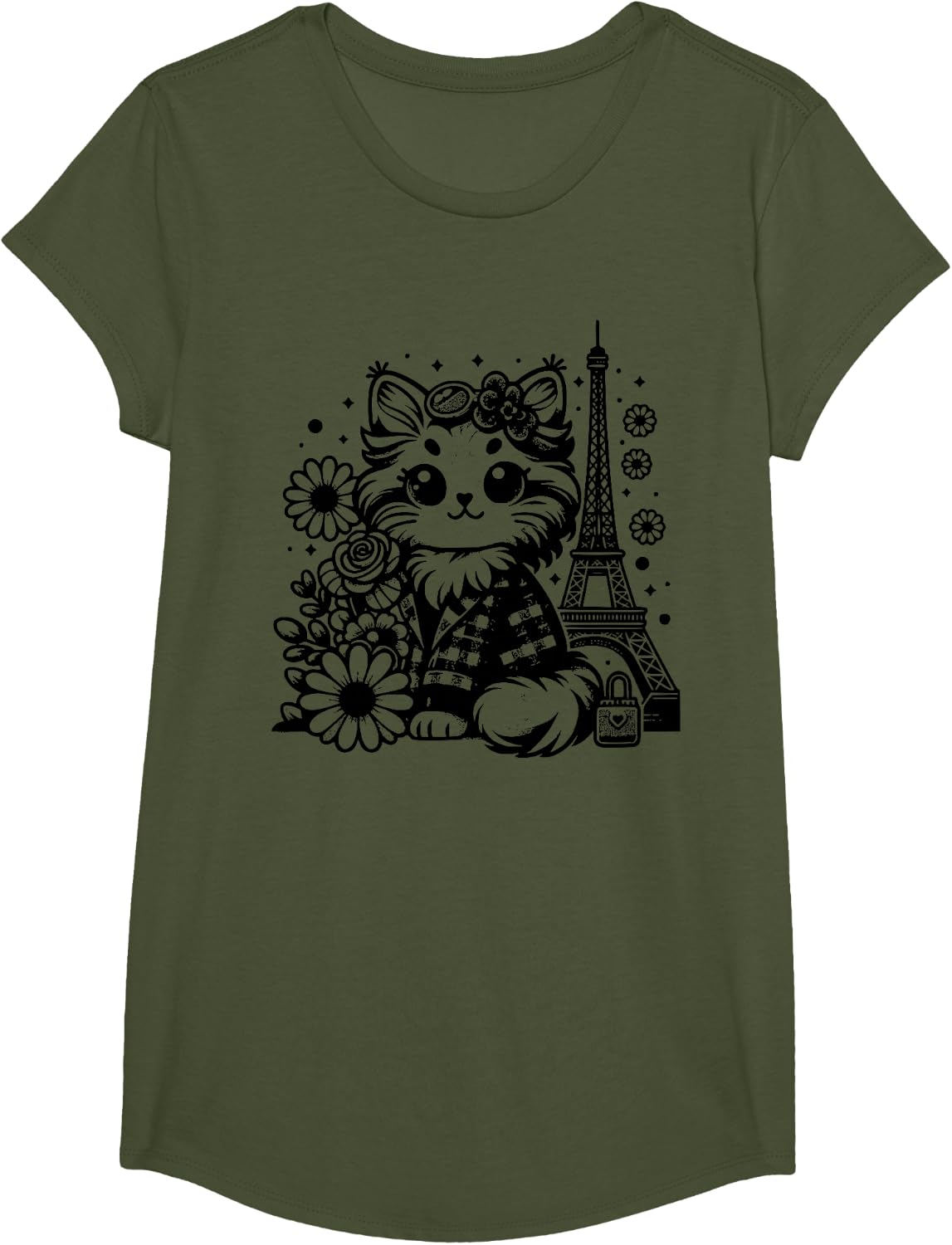 French Paris Eiffel Tower Kawaii Mainecoon Cat Flowers T-Shirt - Girls Olive Green