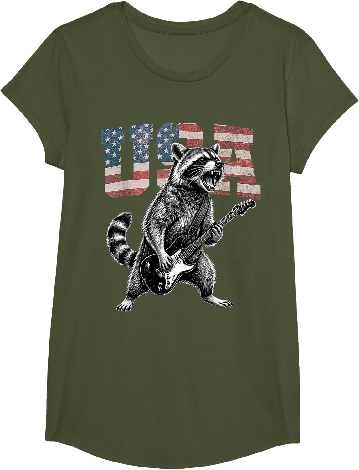 USA Flag Raccoon Playing Guitar - Funny Trash Panda T-Shirt - Girls Olive Green