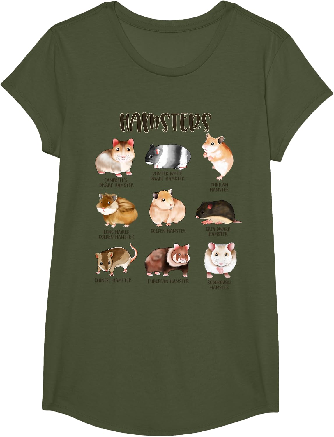 Many Different Hamsters - Types of Hamsters T-Shirt - Girls Olive Green