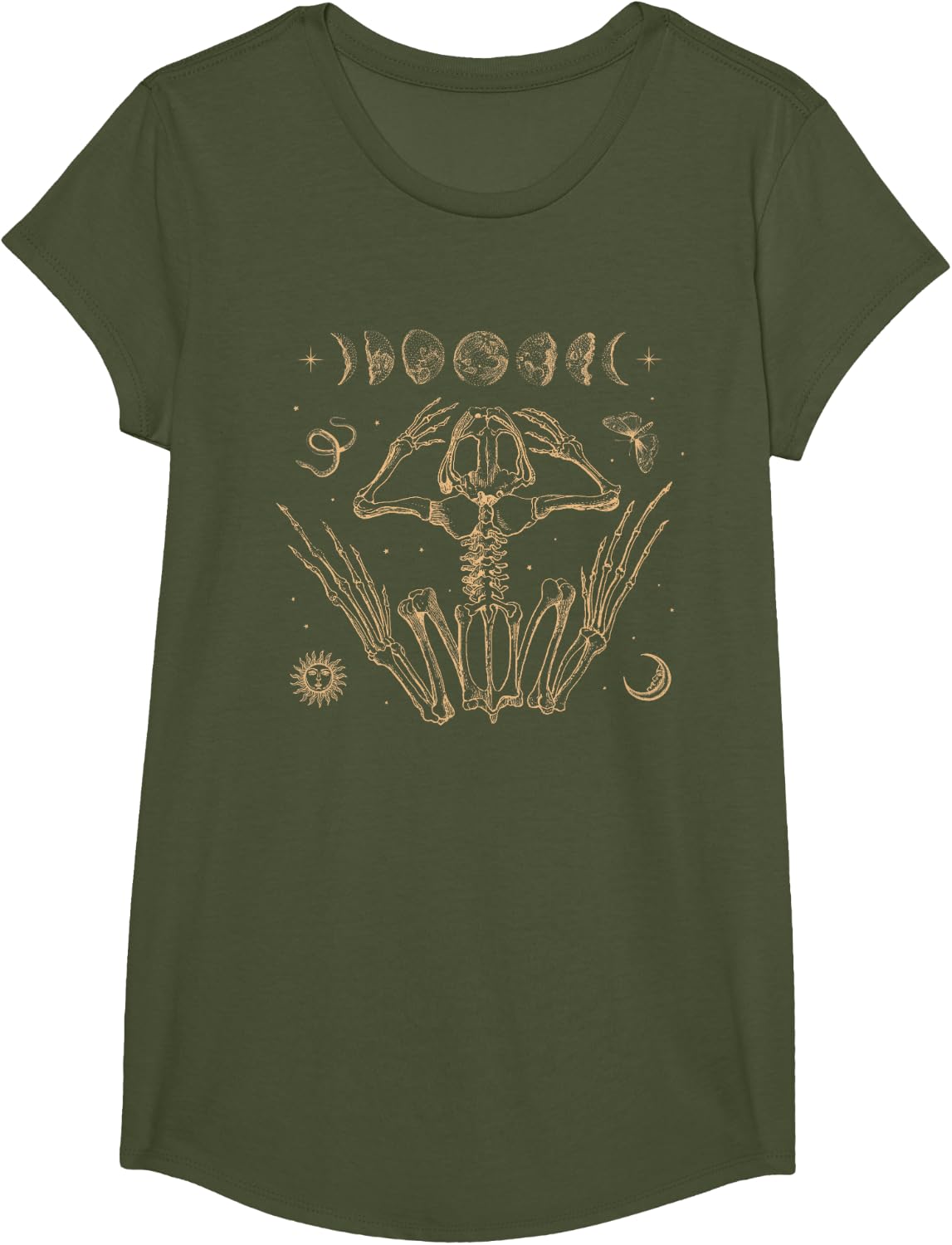 Goblincore Aesthetic Frog Skeleton Goth Dark Academia Grunge T-Shirt - Girls Olive Green