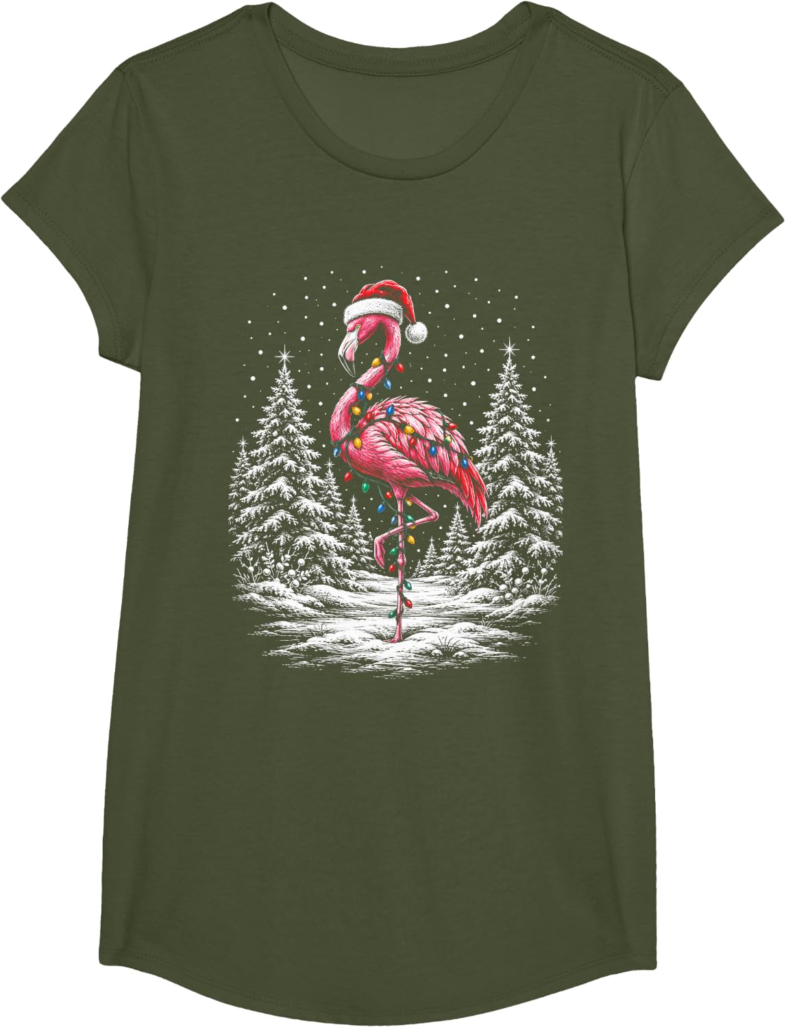 Flamingo Christmas Lights Santa Hat Pink Bird Retro Vintage T-Shirt - Girls Olive Green