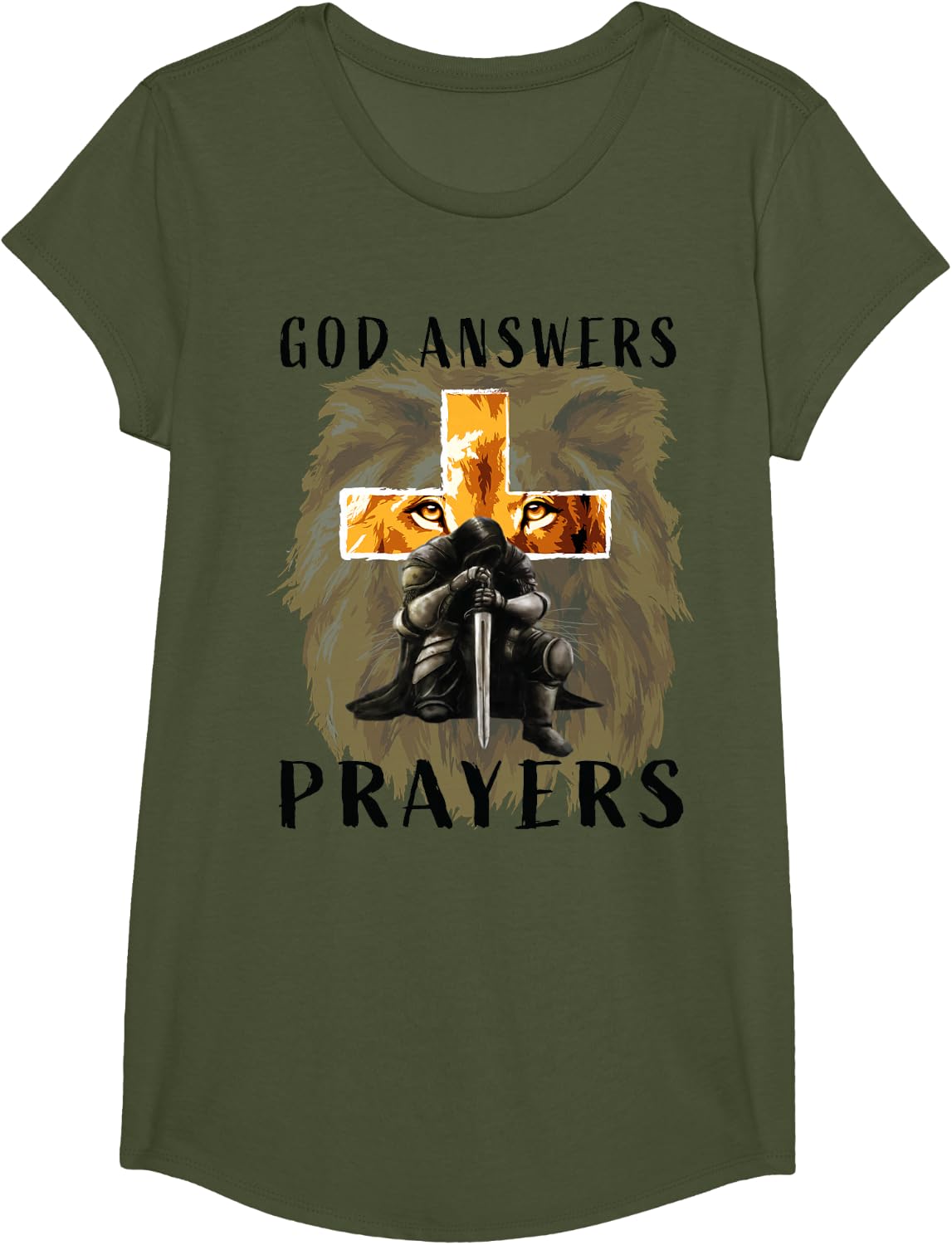 God Answers Prayers Warrior Men Christian Cross Lion Graphic T-Shirt - Girls Olive Green