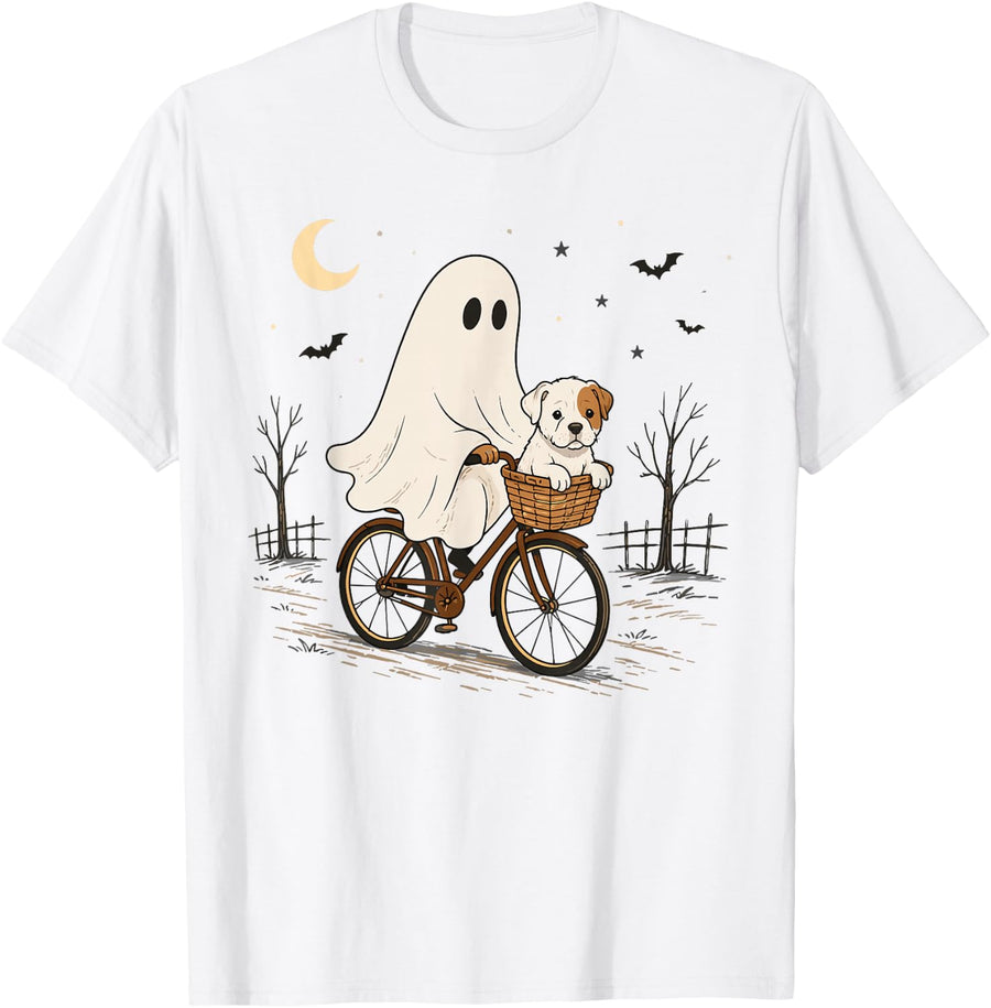 Staffordshire Bull Terrier Ghost Bicycle Halloween Night T-Shirt - White