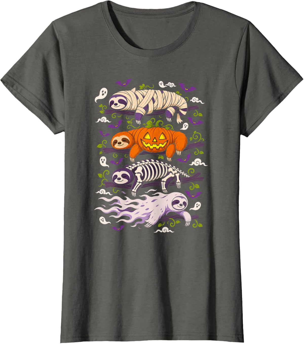 Halloween Sloth Mummy Pumpkin Skeleton Ghost T-Shirt - Asphalt Grey