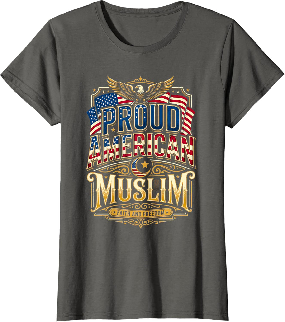 Proud American Muslim Eagle Flag Faith Freedom T-Shirt - Asphalt Grey