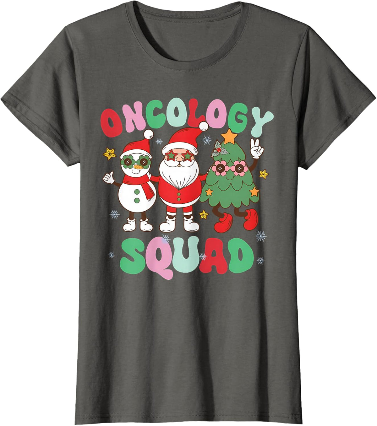 Christmas Oncology Squad Nurse Snowman Santa Xmas Tree T-Shirt - Asphalt Grey