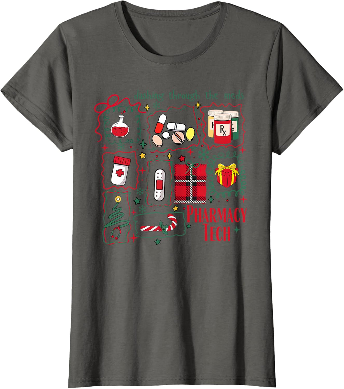 Coquette Cute Nurse Medical Doodles Christmas Pharmacy Tech T-Shirt - Asphalt Grey