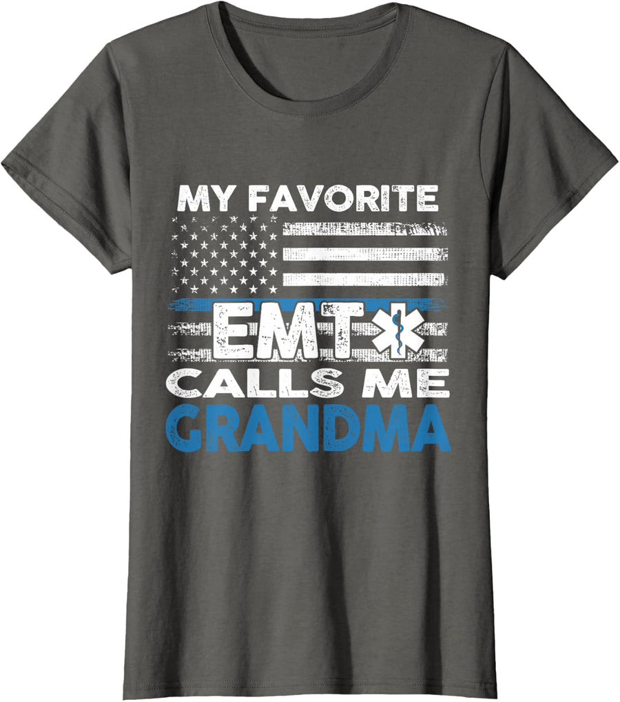 My Favorite EMT Calls Me Grandma T-Shirt for Women Mothers USA Flag Tee - Asphalt Grey