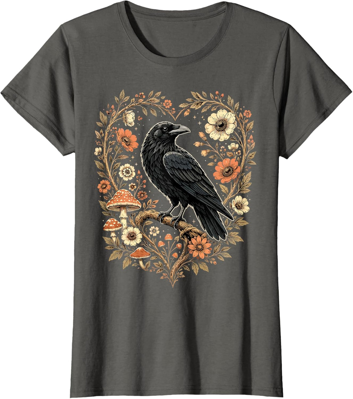 Crow Raven Floral Gothic Nature T-Shirt - Asphalt Grey