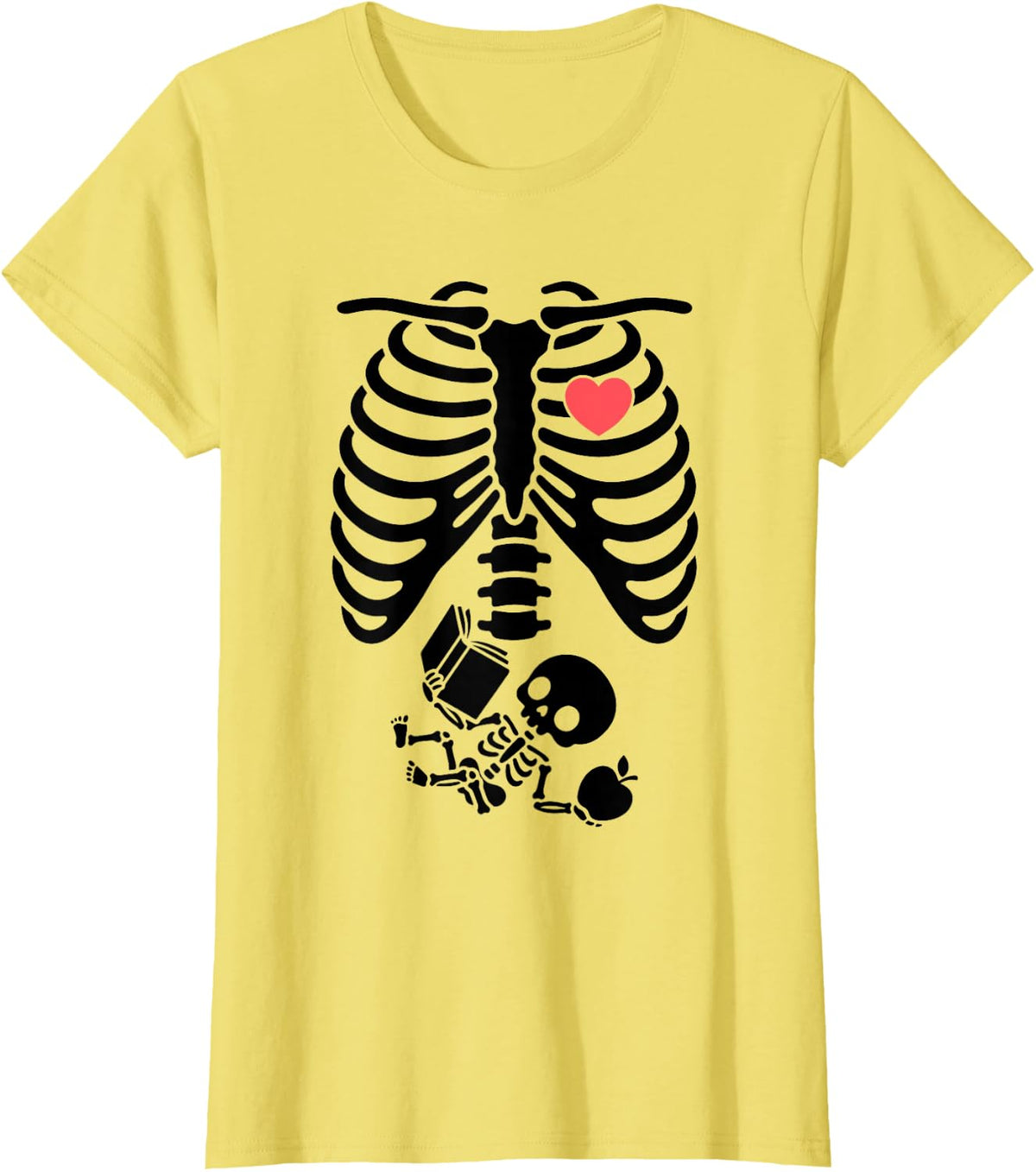 Teacher Skeleton Ribcage Apple Book Baby Bump Halloween Art T-Shirt - Lemon Yellow