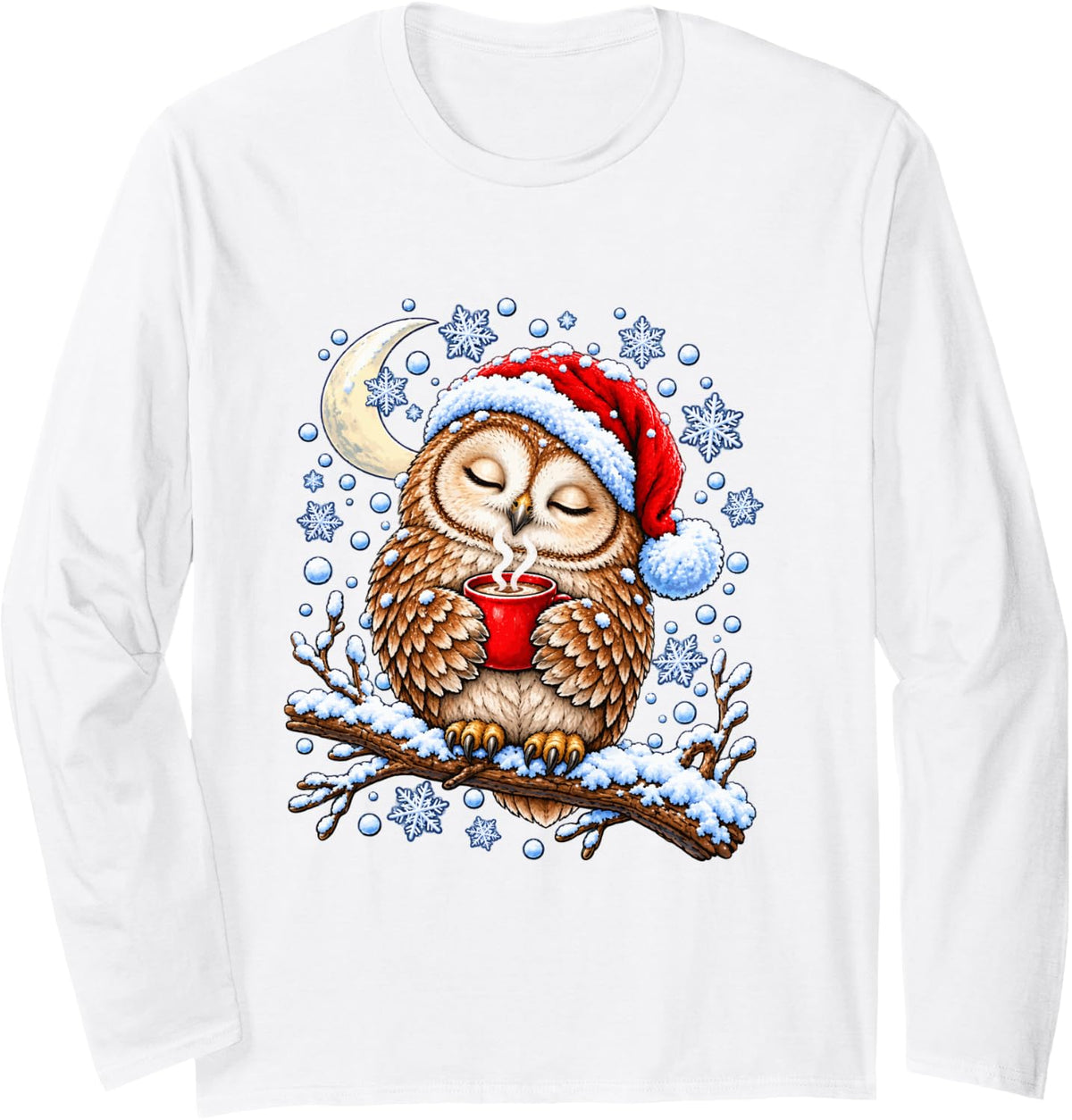 Cute Christmas Owl with Santa Hat Winter Forest Animal Xmas Long Sleeve T-Shirt - Adult Unisex White