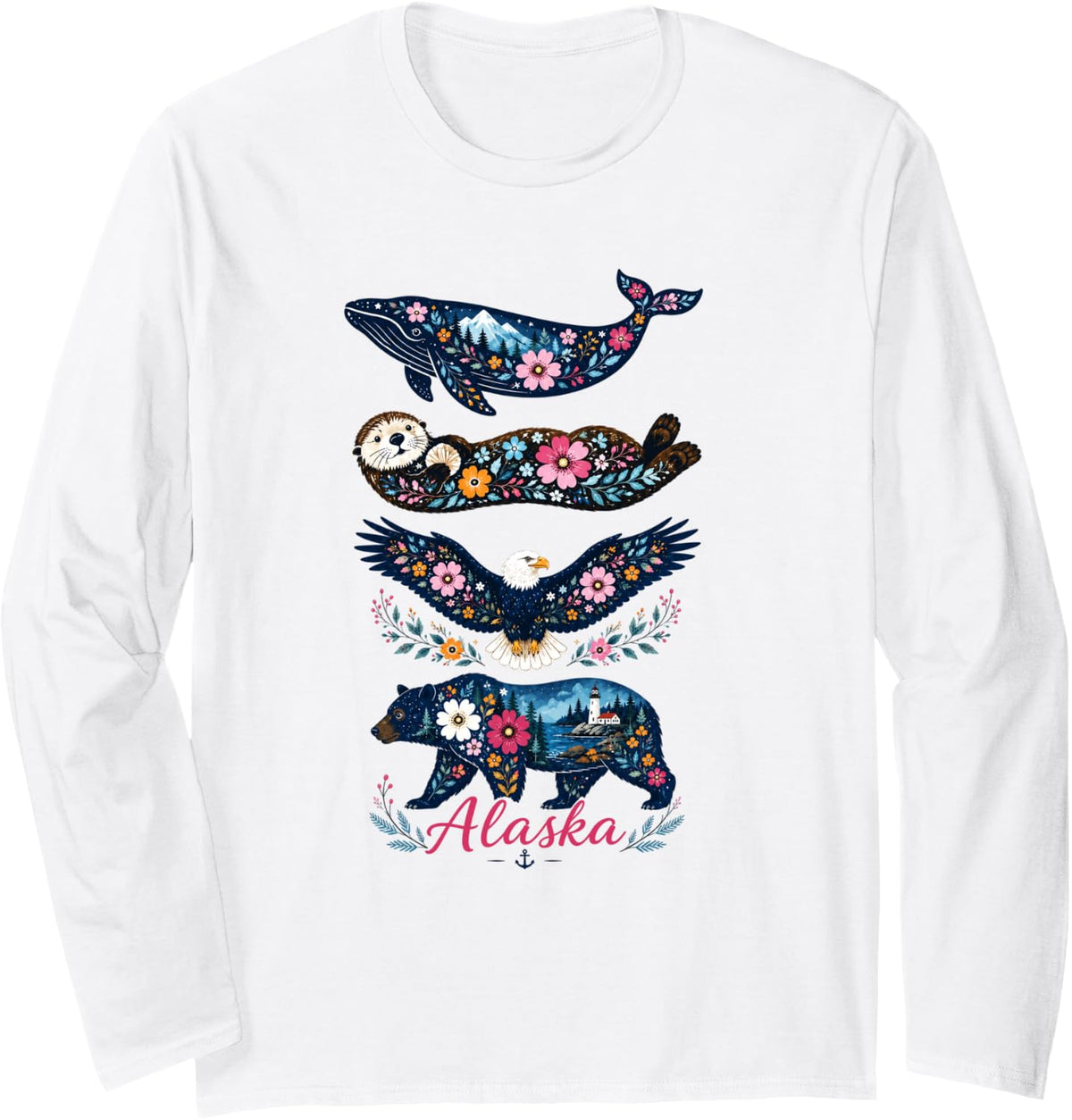 Floral Alaska Wildlife Whale Sea Otter Eagle Bear Nature Art Long Sleeve T-Shirt - Adult Unisex White