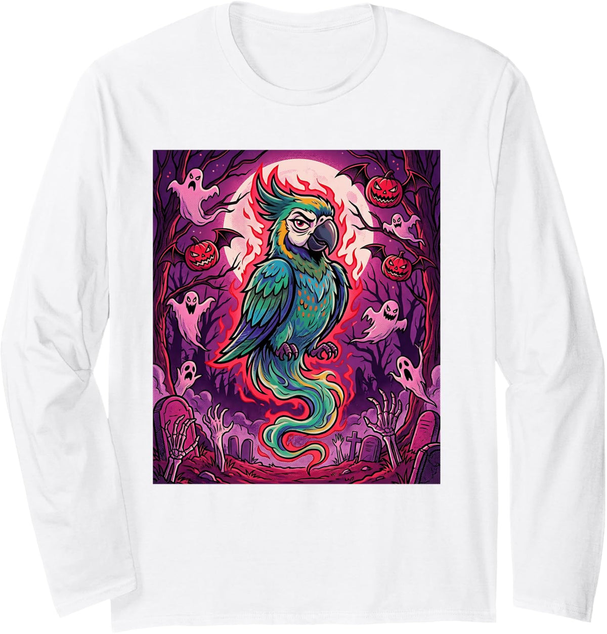 Parrot Ghost Cockatoo Macaw Spooky Scary Haunted Horror Long Sleeve T-Shirt - Adult Unisex White
