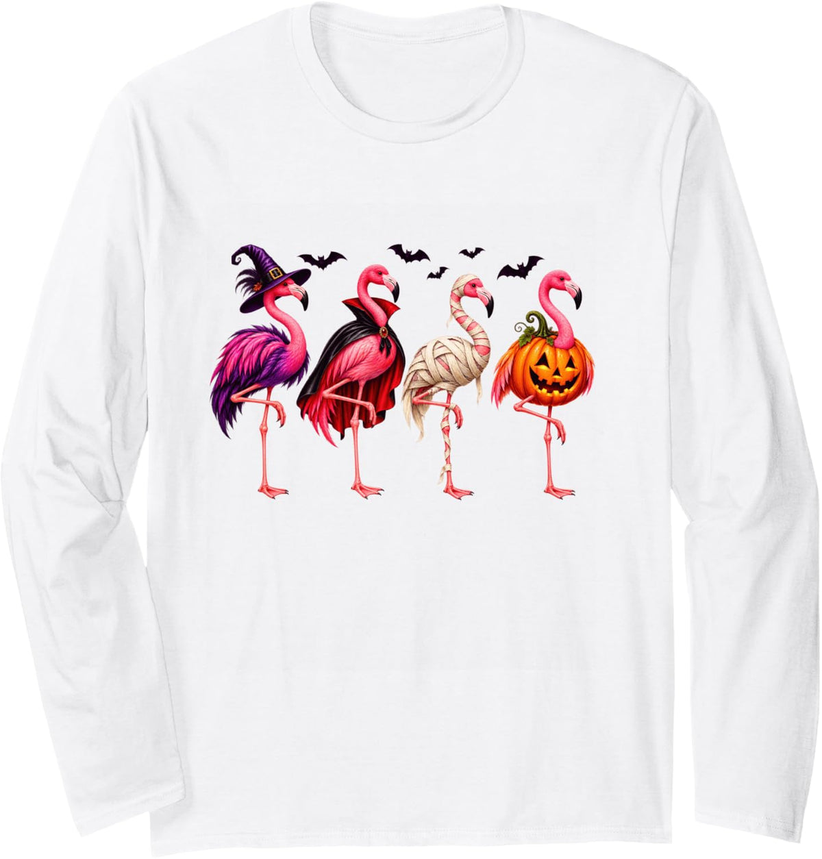 Halloween Flamingo Pumpkin Skeleton Spooky Costume Long Sleeve T-Shirt - Adult Unisex White