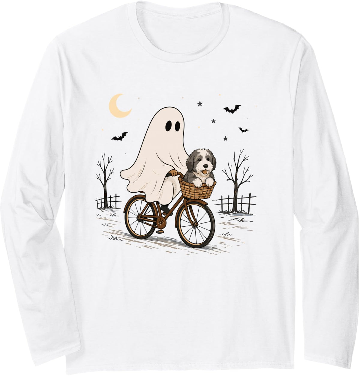 Bearded Collie Ghost Bicycle Halloween Night Ride Long Sleeve T-Shirt - Adult Unisex White