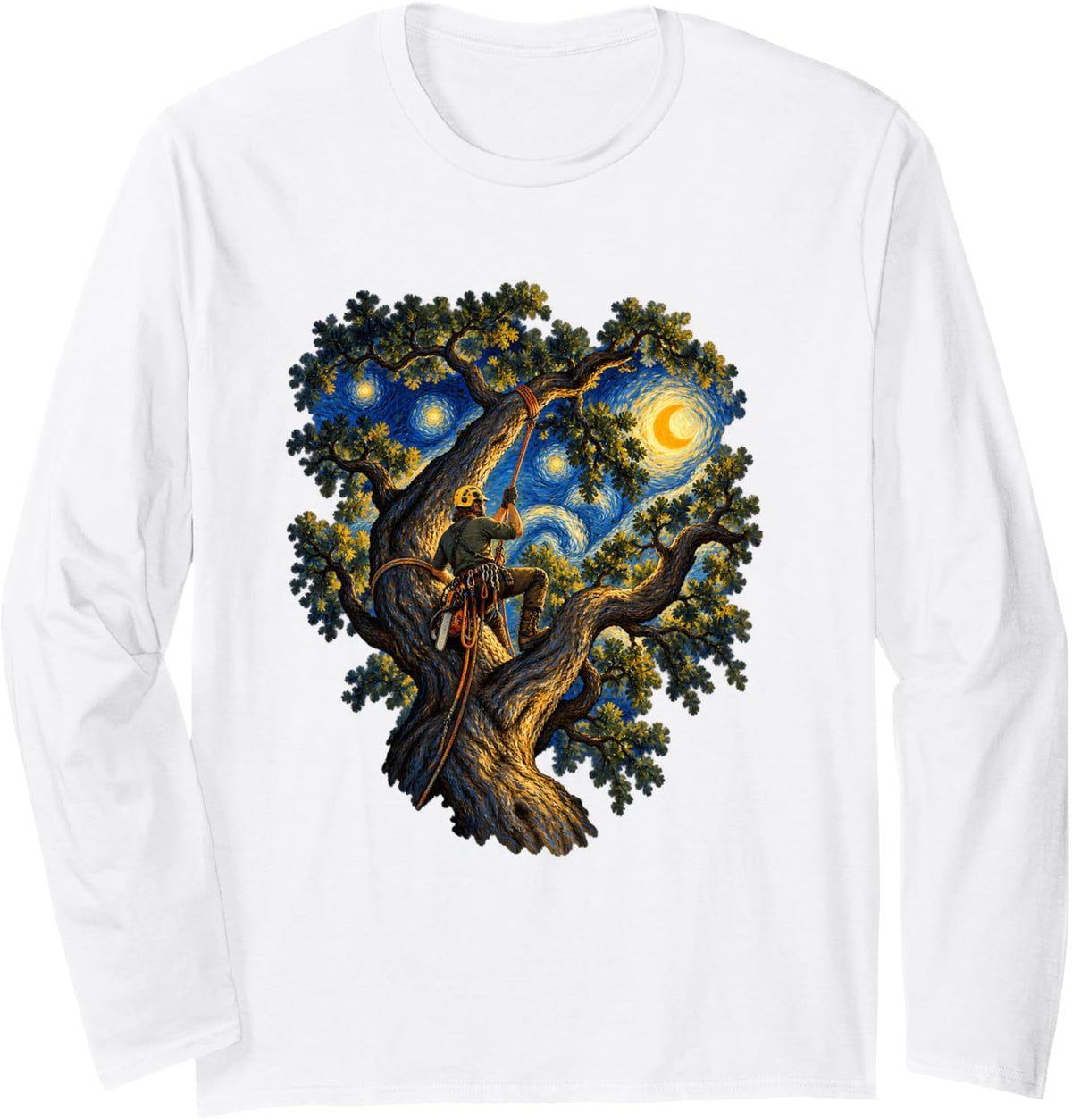 Starry Night Arborist Tree Climber Oak Tree Rope Climbing Long Sleeve T-Shirt - Adult Unisex White