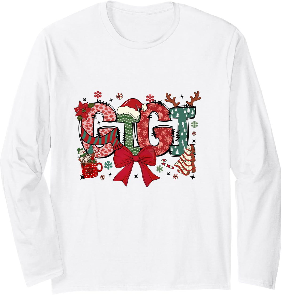 Christmas Bow Gigi Claus Reindeer Xmas Tree Cake Long Sleeve T-Shirt - Adult Unisex White