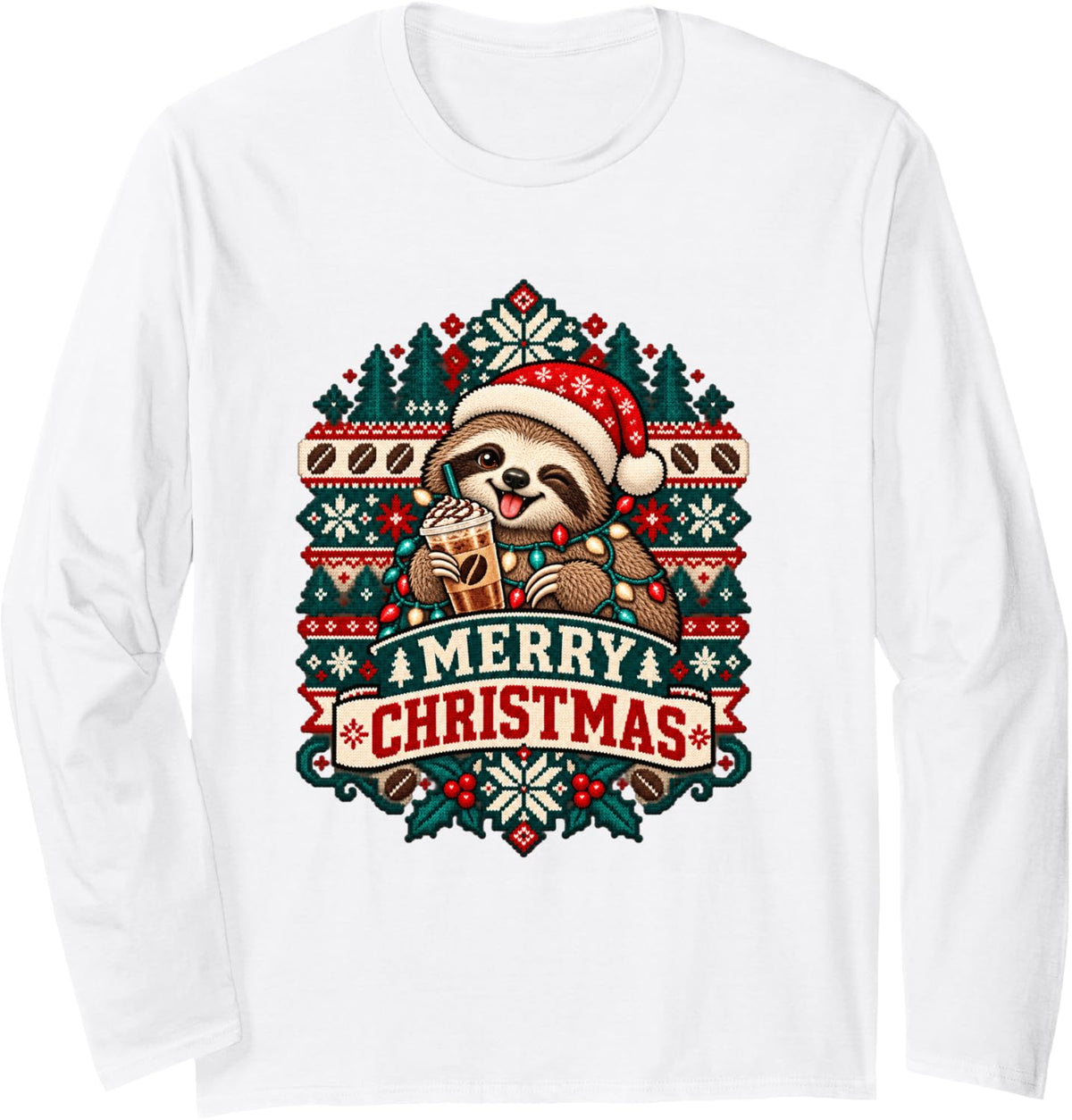 Merry Christmas Sloth Cheerful Ice Coffee Winter Holiday Long Sleeve T-Shirt - Adult Unisex White