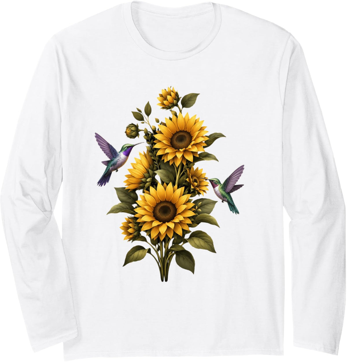 Sunflower Hummingbird Floral Nature Garden Botanical Long Sleeve T-Shirt - Adult Unisex White