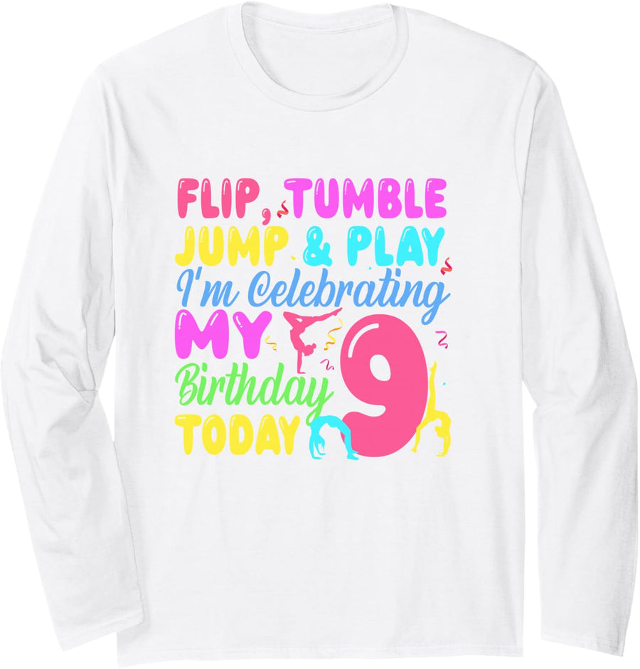 9 Year Old Gymnast Lover 9th Birthday Gymnastics Party Long Sleeve T-Shirt - Adult Unisex White