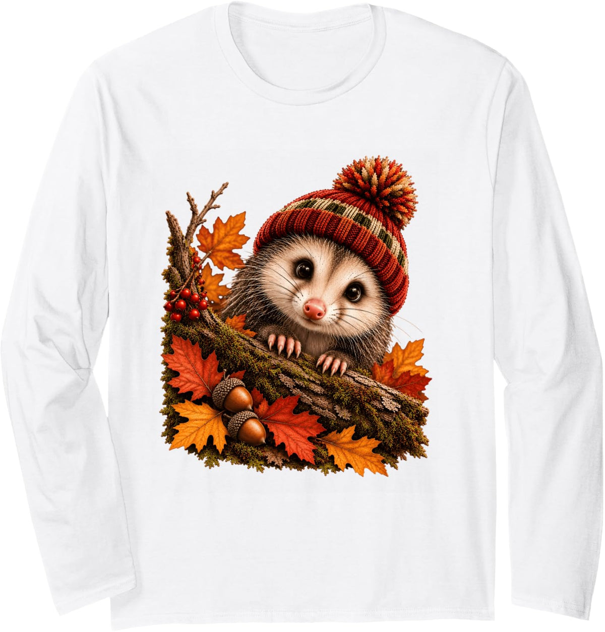 Cute Opossum Autumn Fall Outfit Funny Forest Animals Possum Long Sleeve T-Shirt - Adult Unisex White