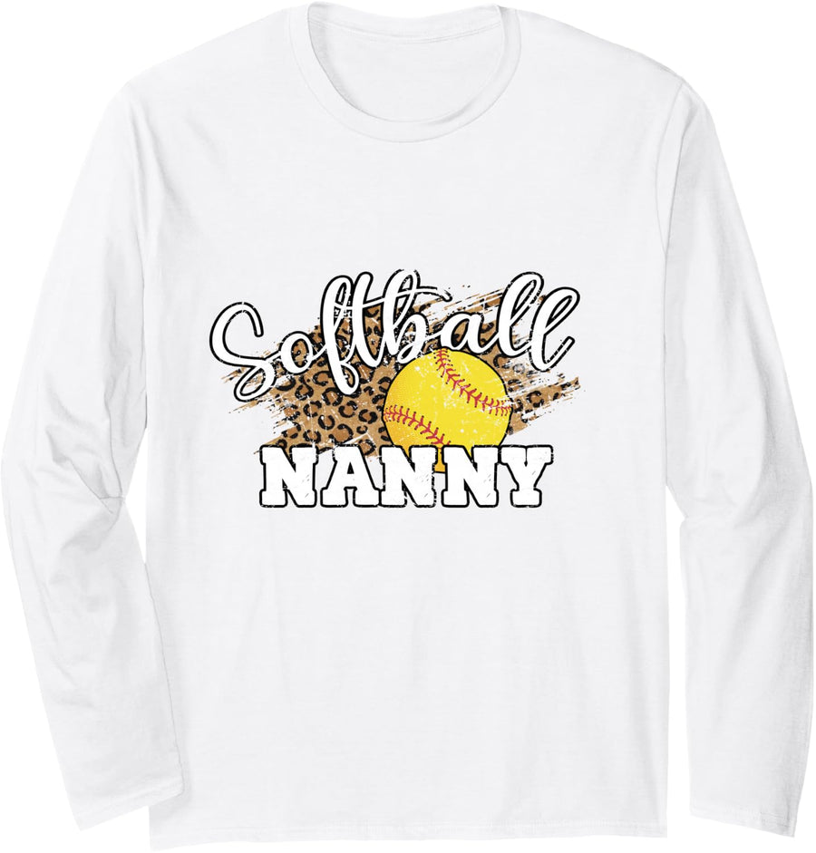 Softball Nanny Leopard Funny Softball Nanny Long Sleeve T-Shirt - Adult Unisex White