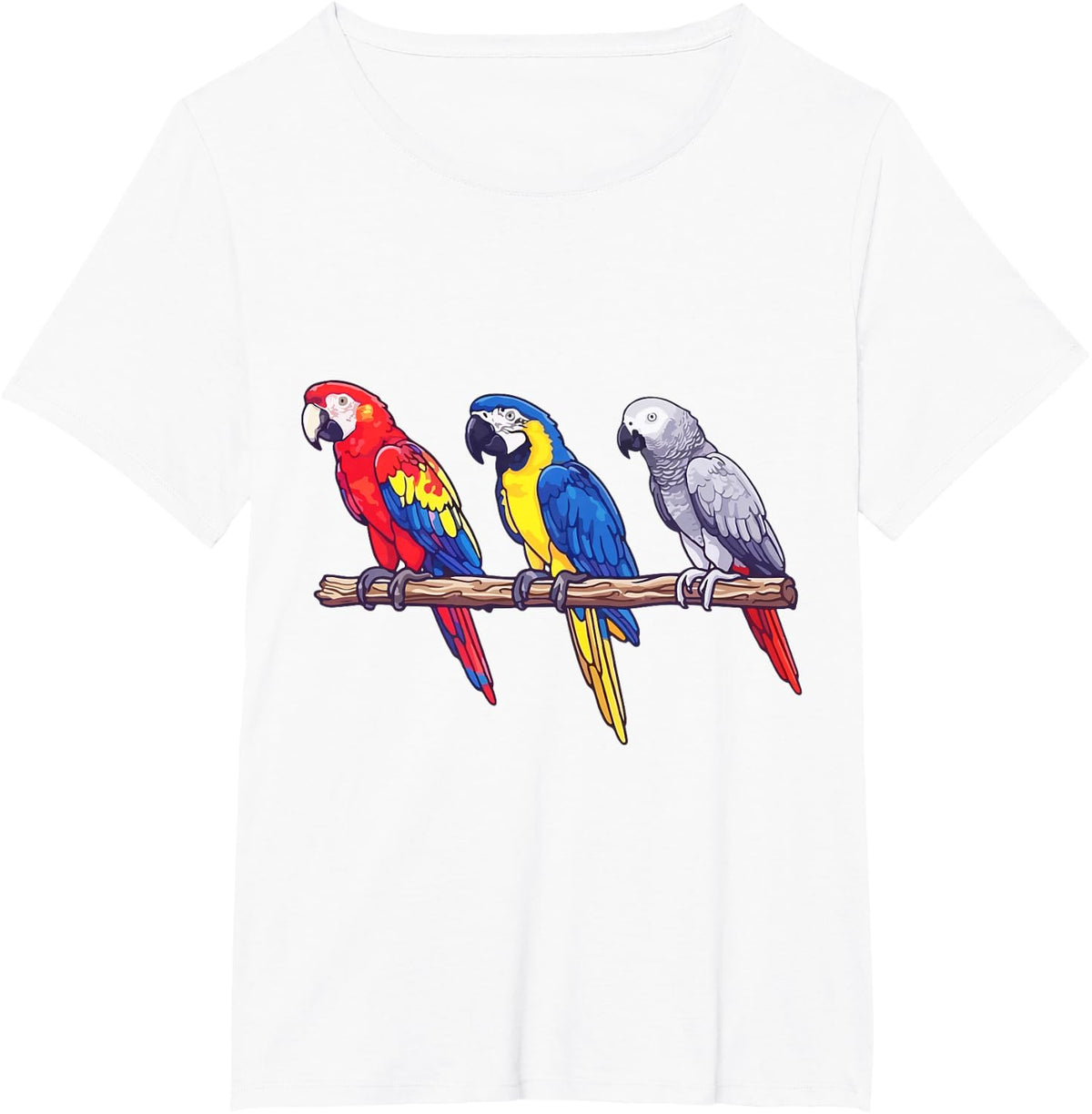 Macaws and African Grey Parrot Exotic Bird Illustration T-Shirt - White