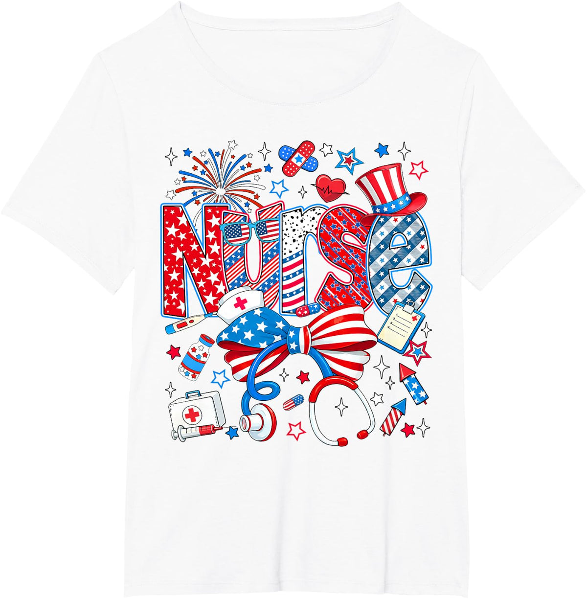 Nurse 4th of July Coquette Stethoscope USA Patriotic Nursing T-Shirt - White