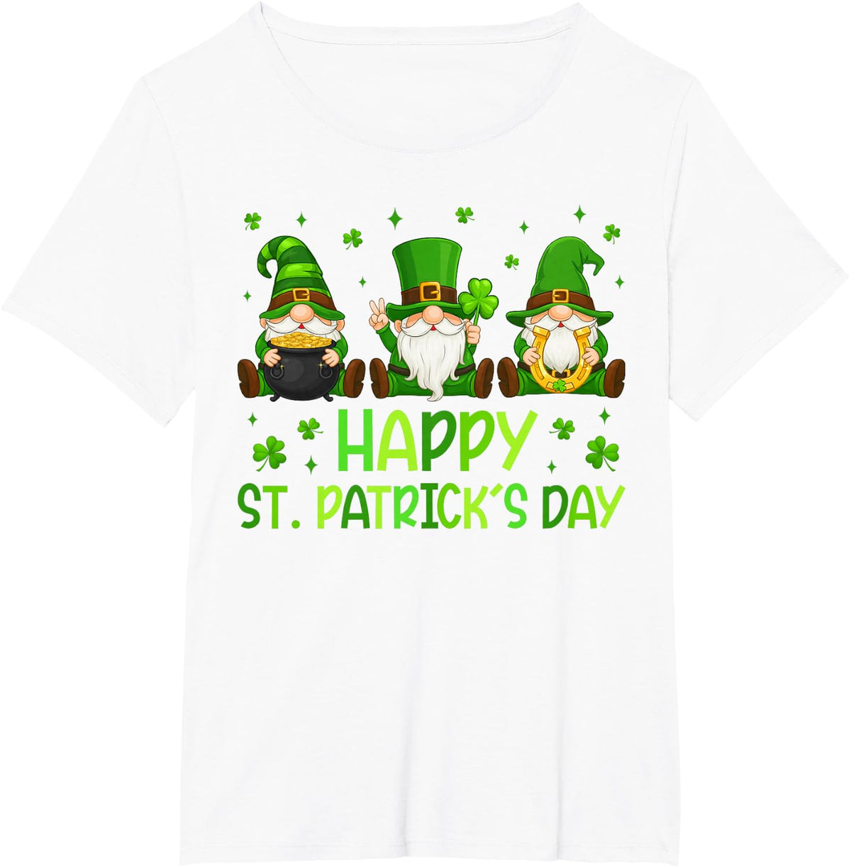 Three Gnomes Holding Shamrock Happy St Patrick's Day Women T-Shirt - White