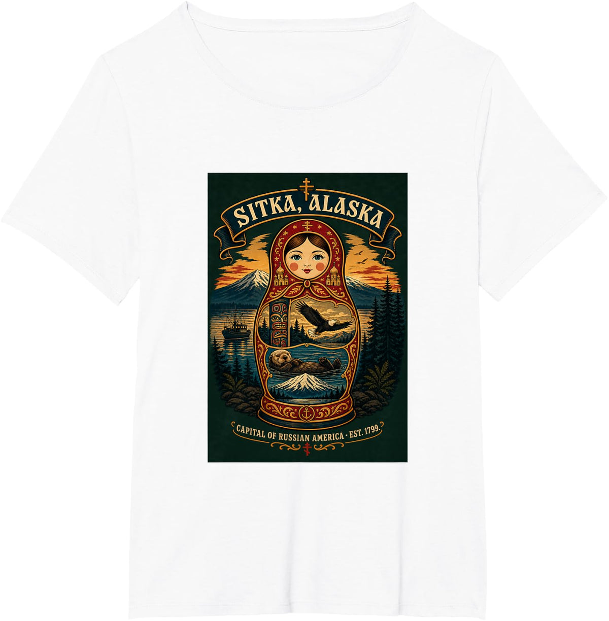 Sitka Alaska USA Russian Matryoshka Eagle Graphic Design T-Shirt - White