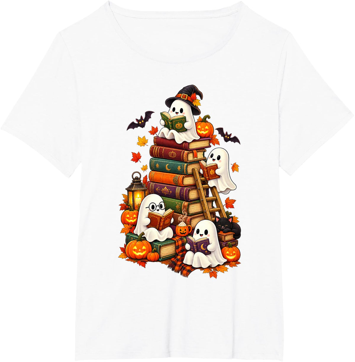 Ghost Reading Book Lovers Black Cat Halloween Autumn Fall T-Shirt - White
