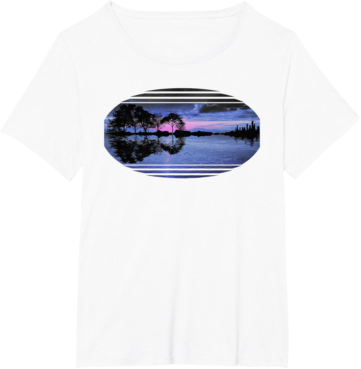 Guitar Sunset Sky Trees City Lake Reflection Stylish Design T-Shirt - White
