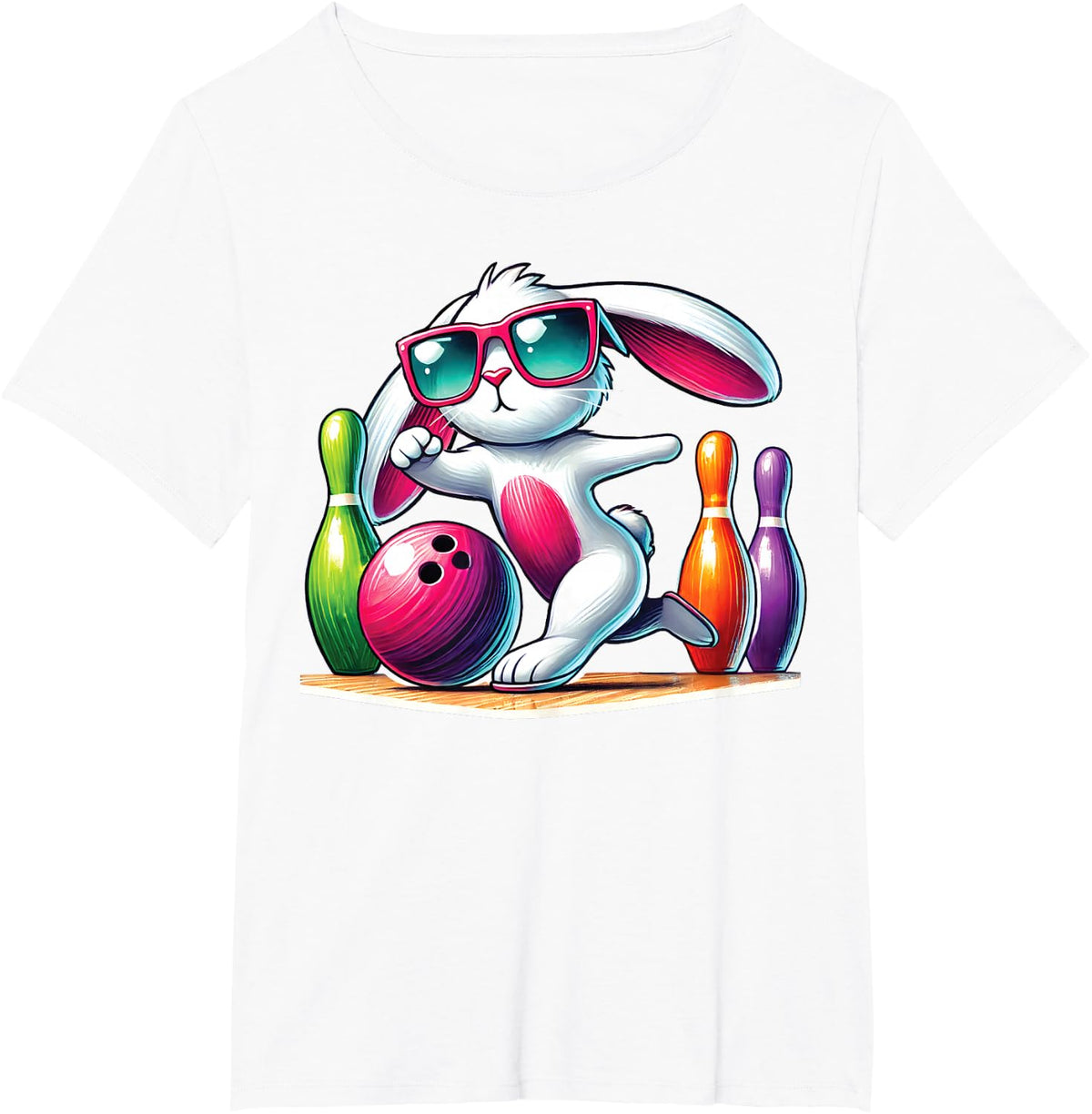 Cute Bunny Playing Bowling Ball & Pins Egg Hunting Easter T-Shirt - White