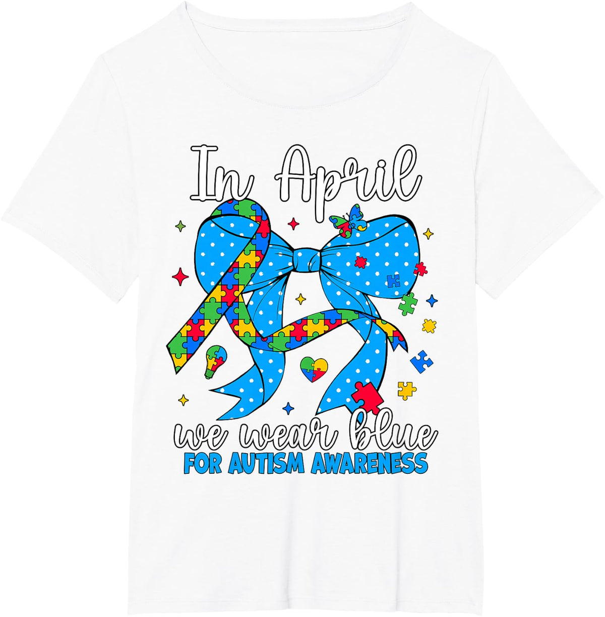 In April We Wear Blue Autism Awareness Coquette Bow Puzzle T-Shirt - White