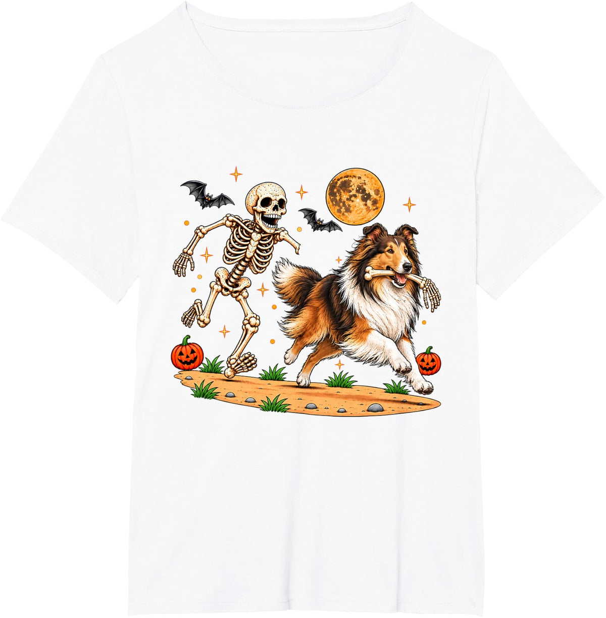 Funny Skeleton Chasing Collie Halloween Dog Mom Pet Lover T-Shirt - White