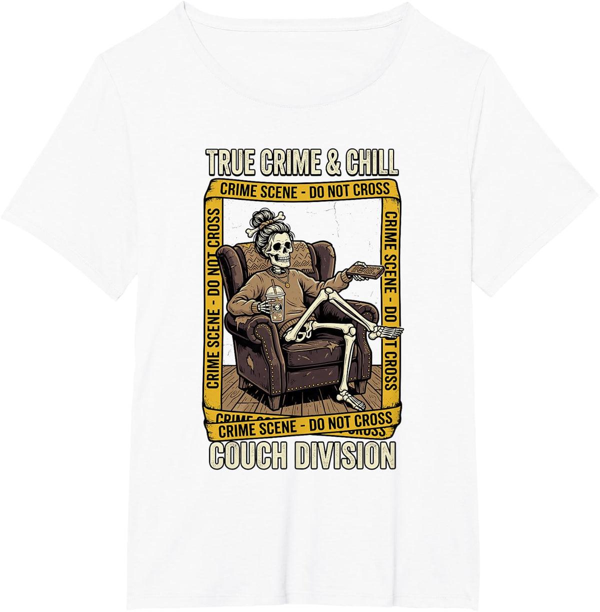 True Crime Chill Skeleton Couch Division True Crime Addict T-Shirt - White