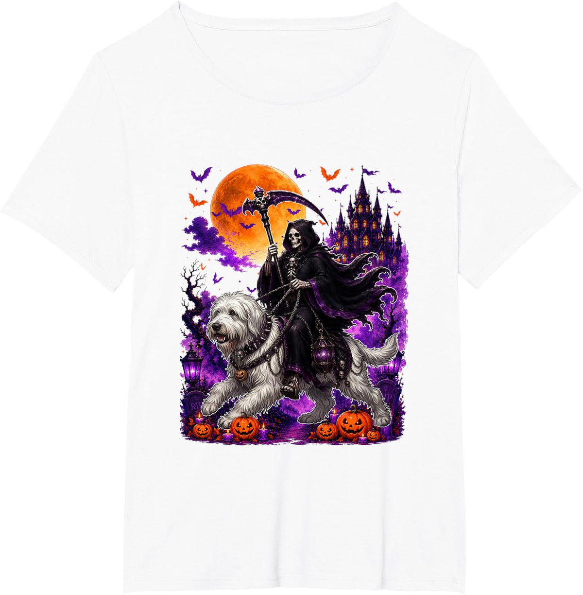 Horror Skeleton Ridding Bearded Collie Halloween Owner T-Shirt - White