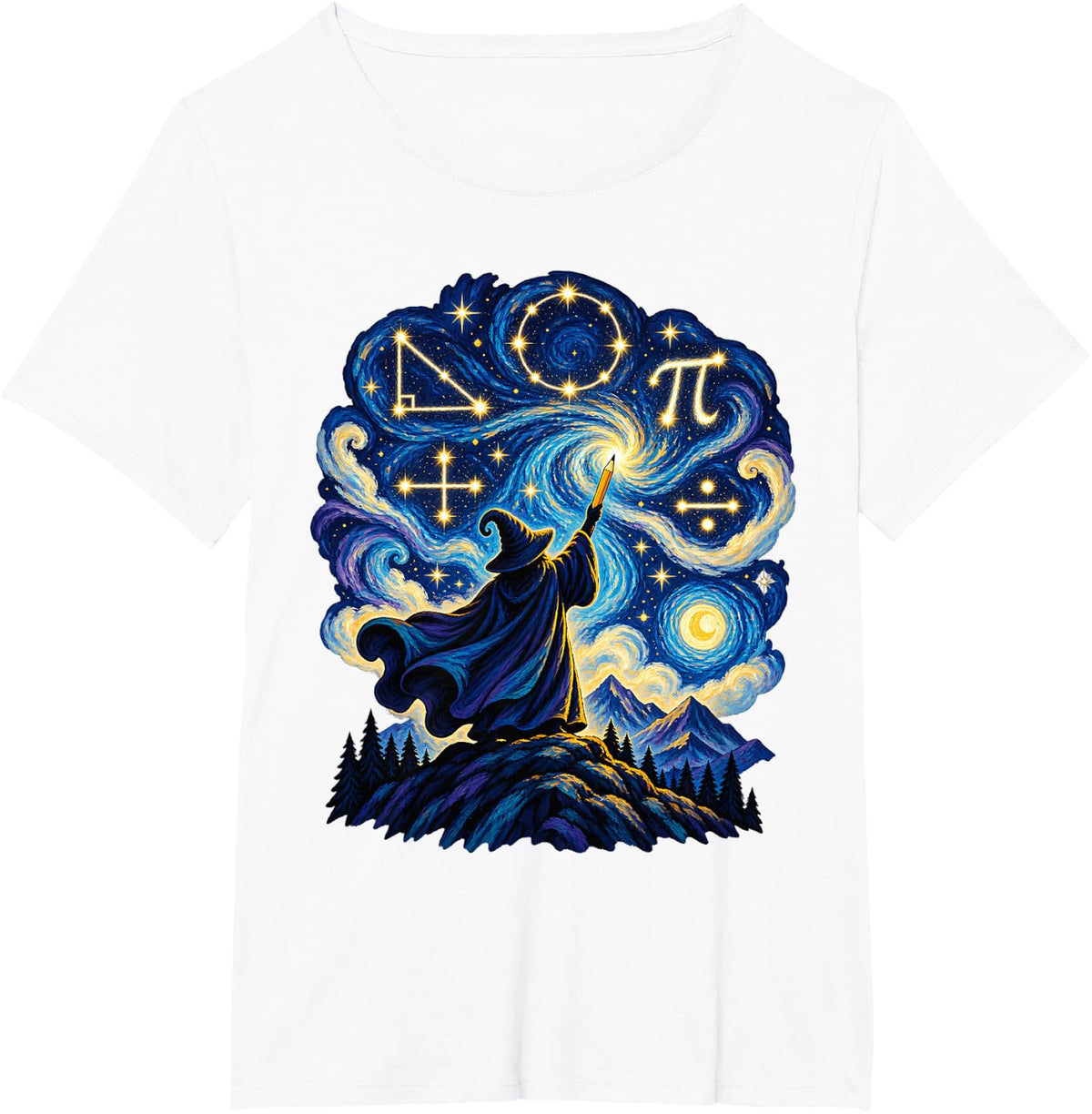 Starry Night Math Wizard Geometry Pi Algebra T-Shirt - White