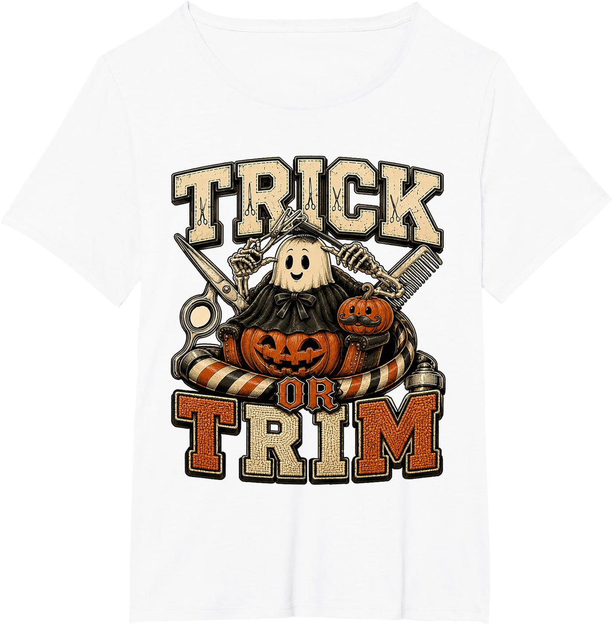 Funny Ghost Hair Stylist Trick or Trim Halloween Barber T-Shirt - White