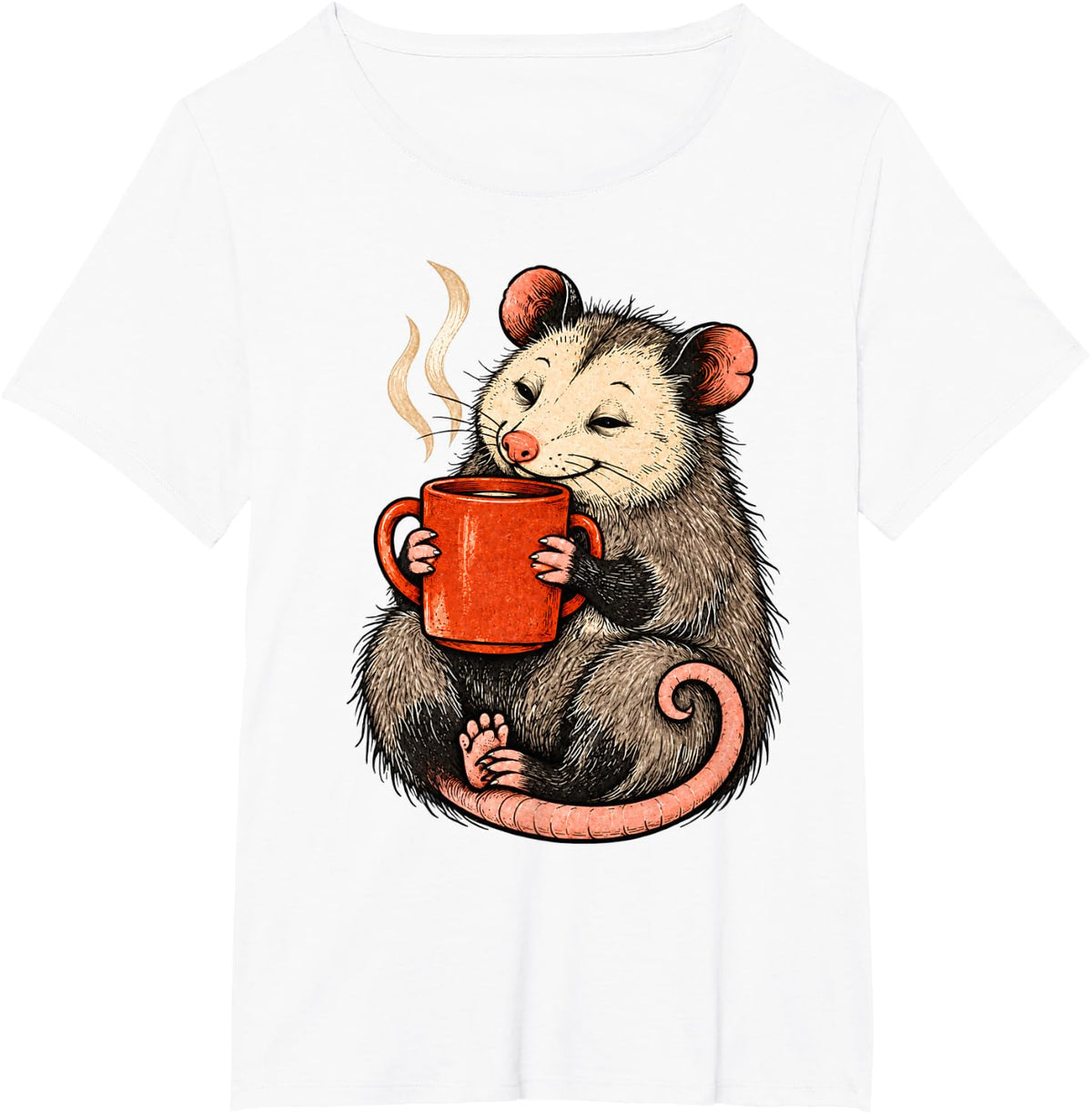Sleepy Opossum Holding Coffee T-Shirt - White