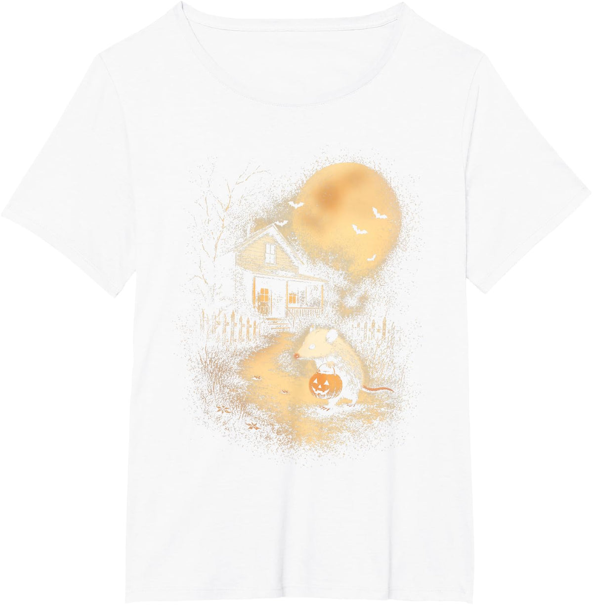 Vintage 90s Funny Witchy Opossum Ghosts Haunted House Moon T-Shirt - White