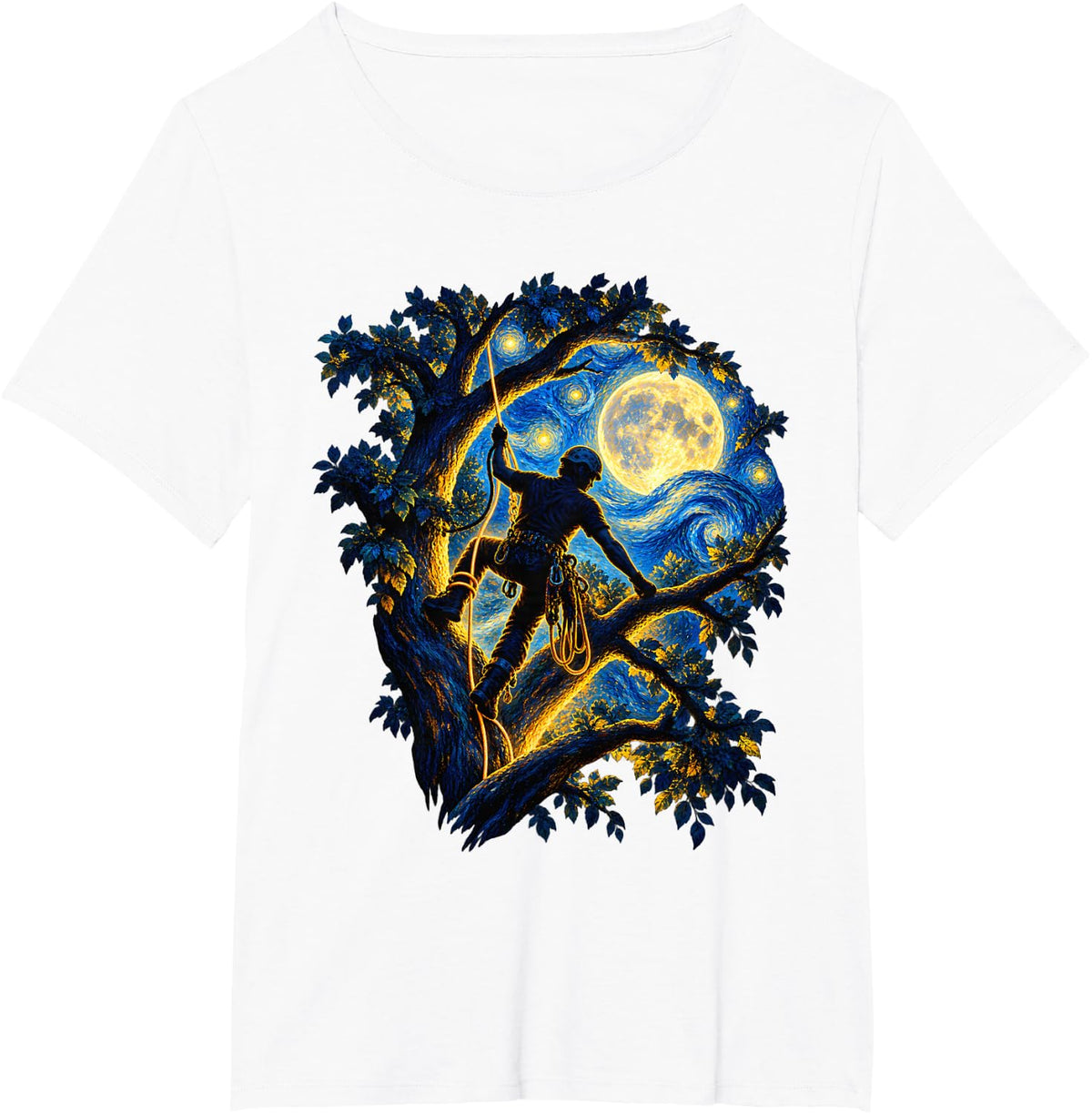Starry Night Van Gogh Moon Arborist Tree Climber Oak Tree T-Shirt - White