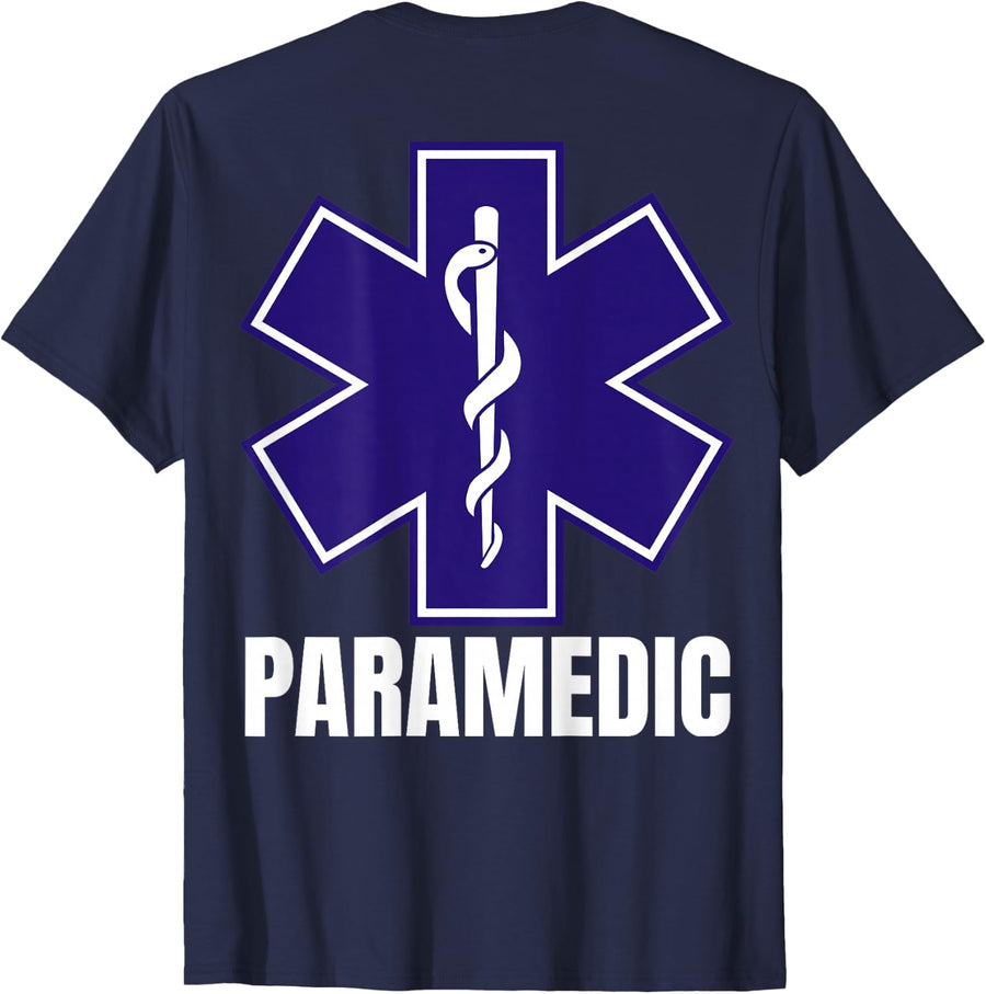 Paramedic Uniform On Duty EMT EMS Star of Life Back Side T-Shirt - Navy Blue