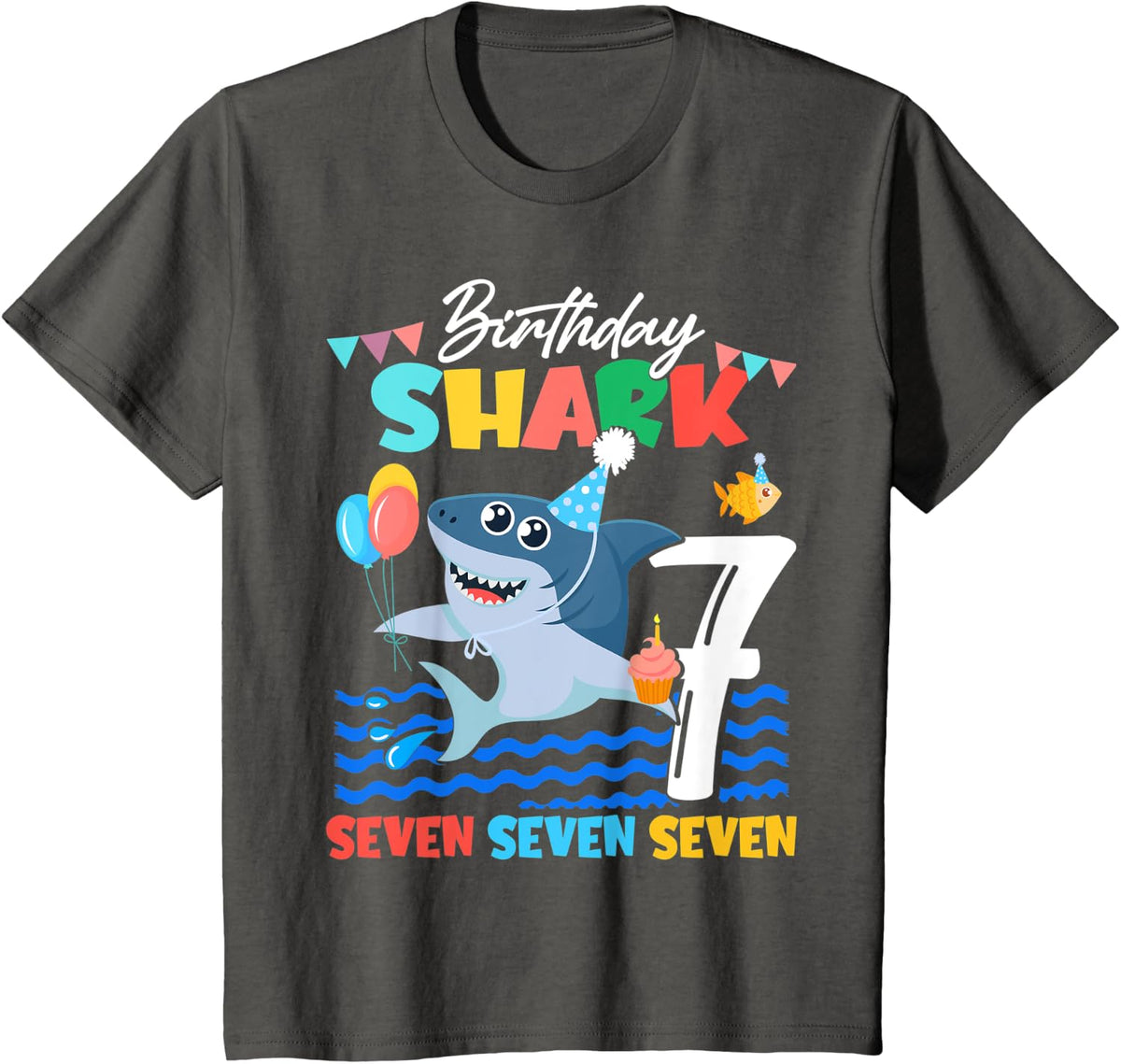 Kids Baby Cute Shark Birthday Boy 7 Year Old - Seven Seven T-Shirt - Asphalt Grey